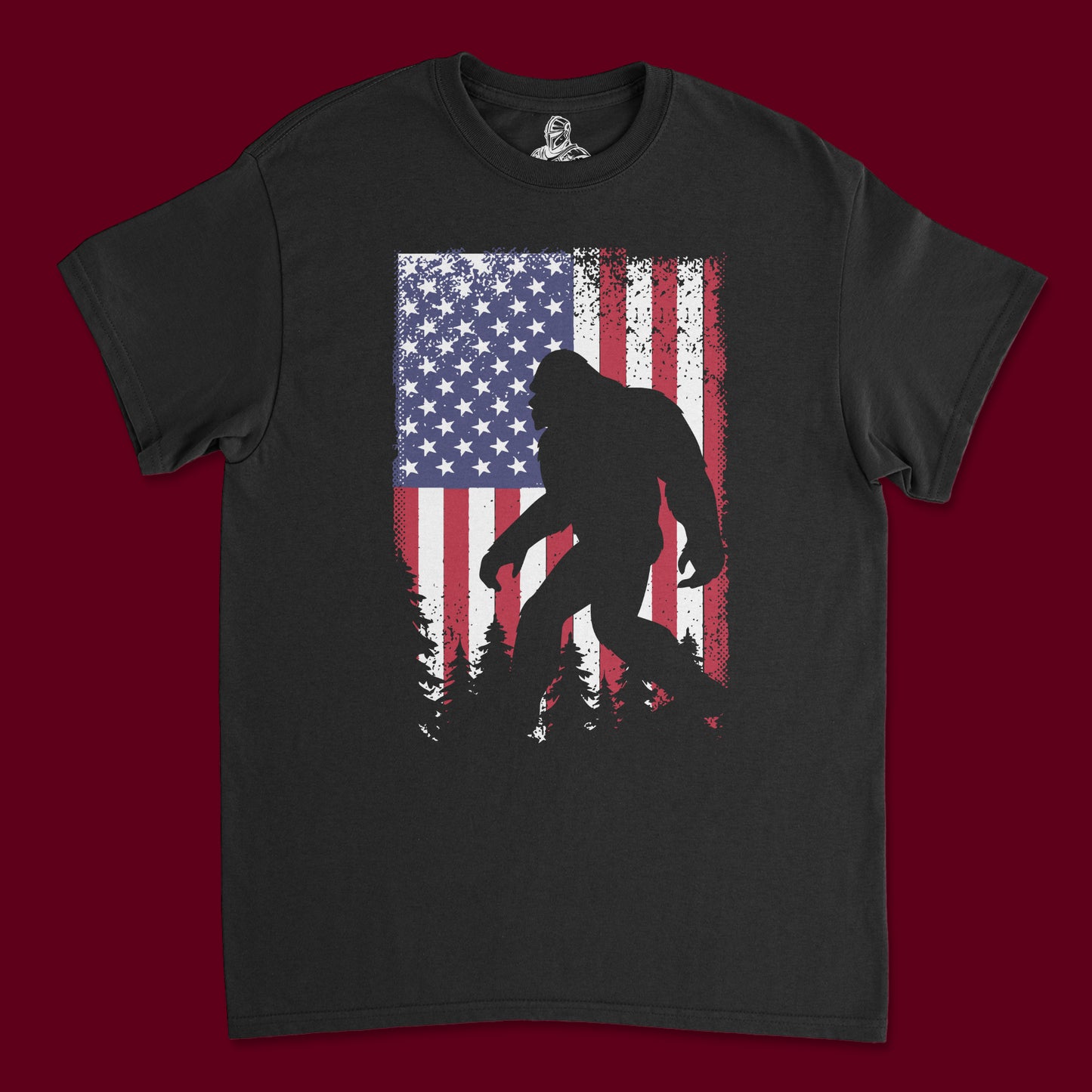 Short Sleeve T Shirt - Big Foot Strolling with American Flag in Background