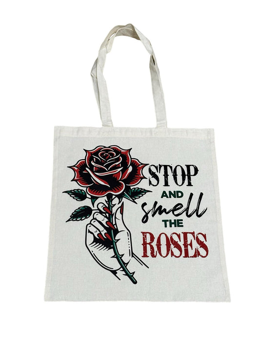 Custom Natural Canvas Shopping Bag - Stop and Smell the Roses