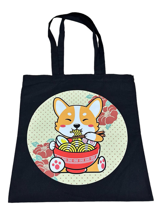 Custom Natural Canvas Shopping Bag - Dog Eating Noodles