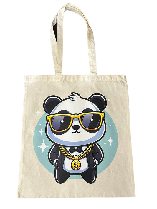 Custom Natural Canvas Shopping Bag - Panda Swag Sporting Sunglasses