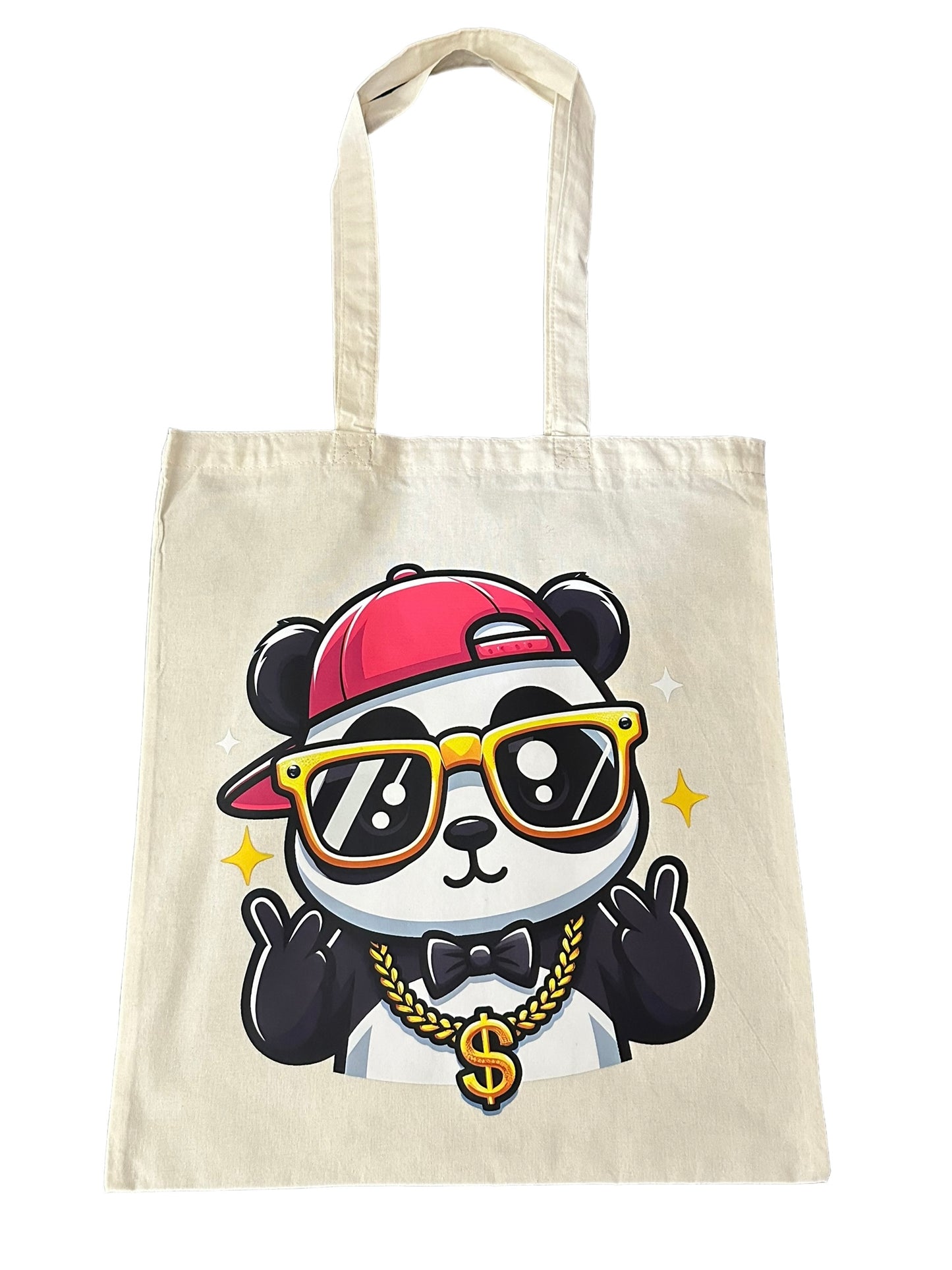 Custom Natural Canvas Shopping Bag - Panda Swag Sporting Red Cap