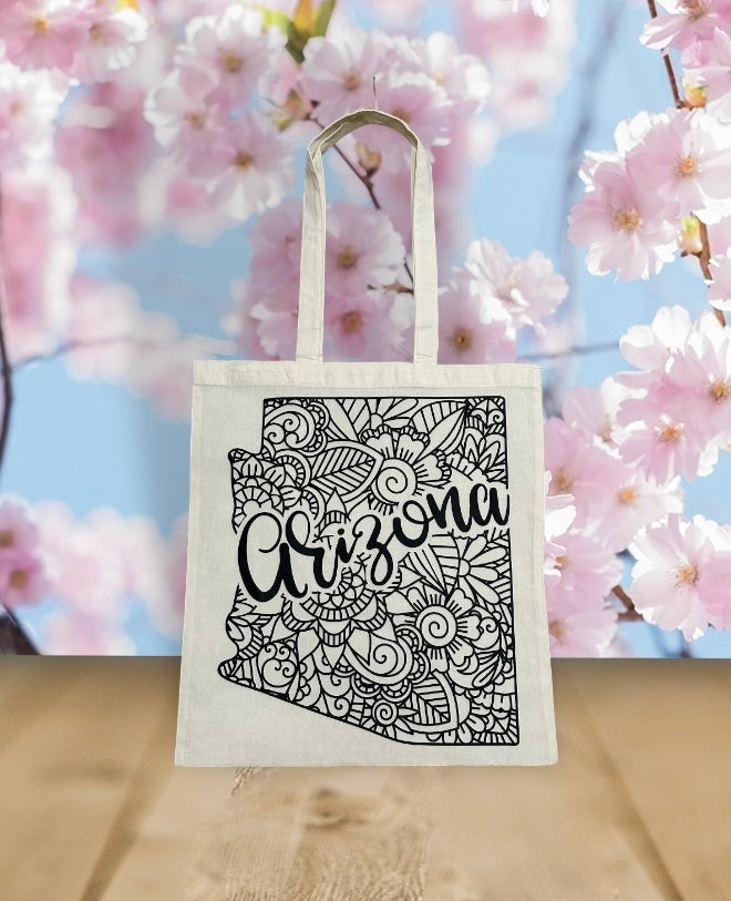 Custom Natural Canvas Shopping Bag - State of Arizona with Flower Design