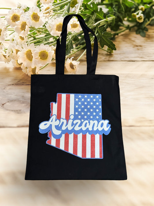 Custom Natural Canvas Shopping Bag - State of Arizona with USA Flag Background