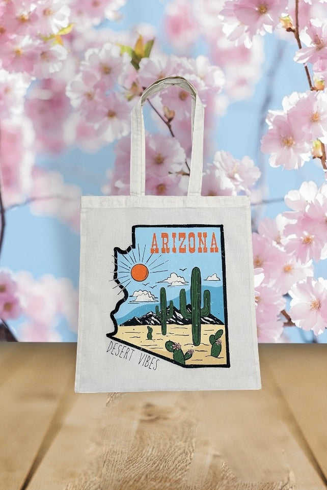 Custom Natural Canvas Shopping Bag - State of Arizona with Desert Background