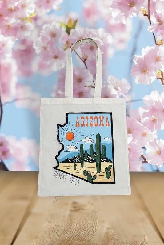 Custom Natural Canvas Shopping Bag - State of Arizona with Desert Background