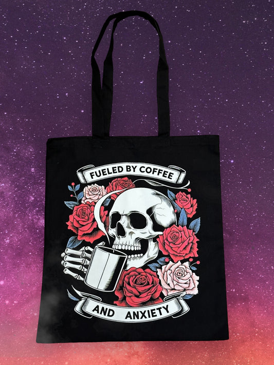 Custom Natural Canvas Shopping Bag - Fueled By Coffee and Anxiety